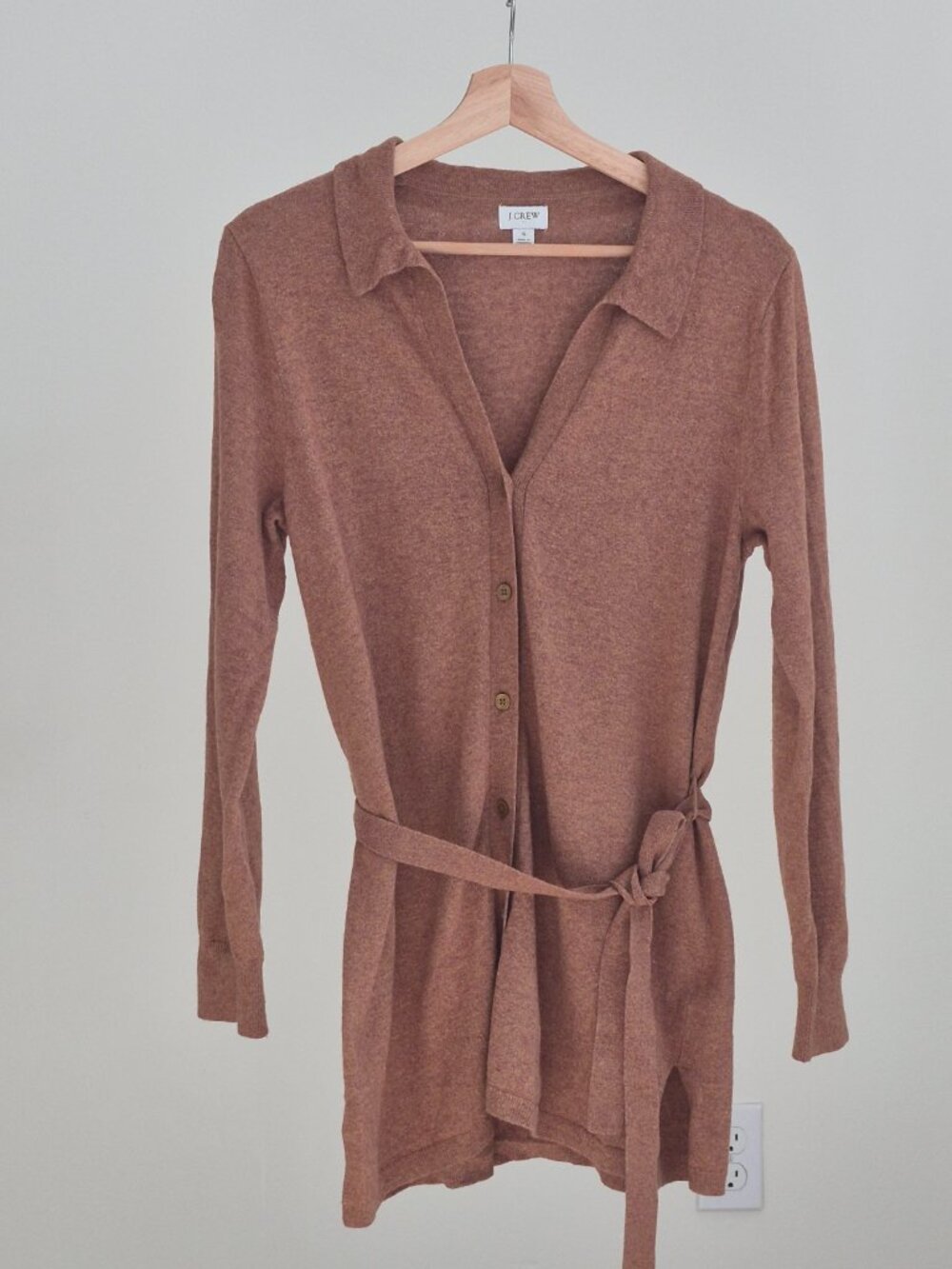 J.Crew Women’s S Brown Merino Wool Blend Long Belted Collared Cardigan Sweater
